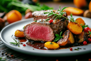 Medium-rare venison steak with roasted vegetables and red wine reduction