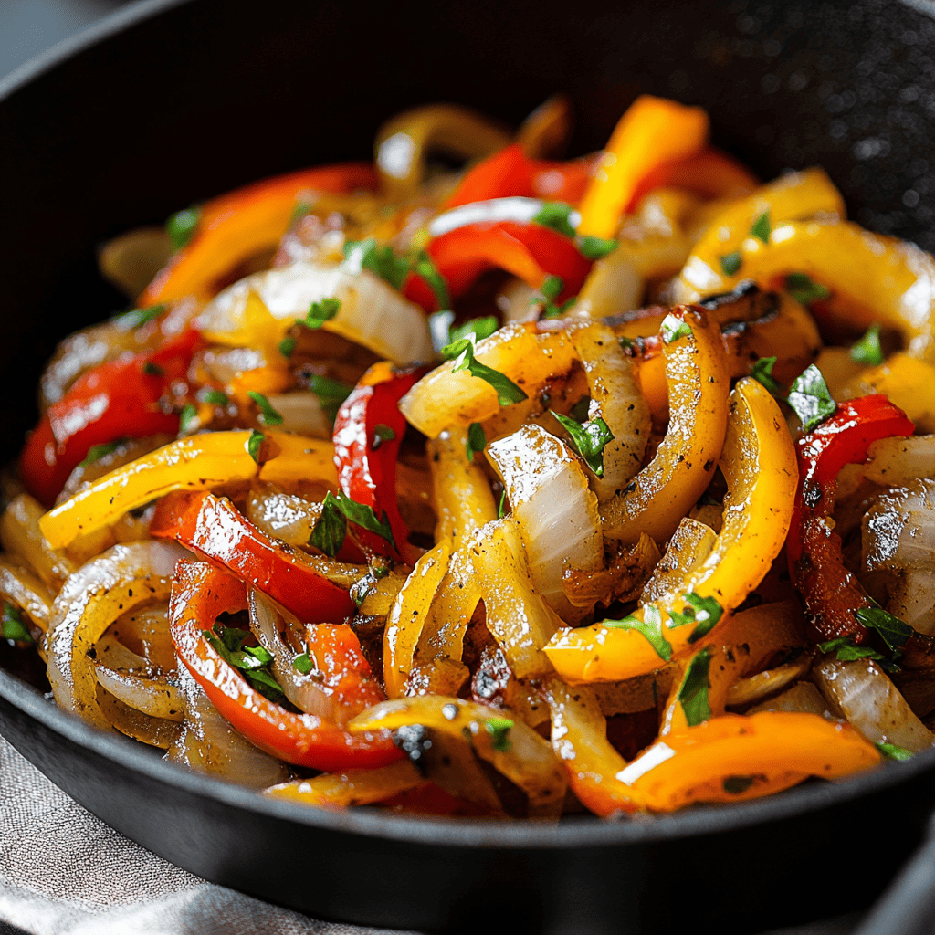 Sautéed onions and peppers in a skillet.