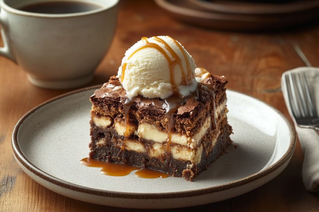 A slice of slutty brownie served with vanilla ice cream and caramel drizzle.