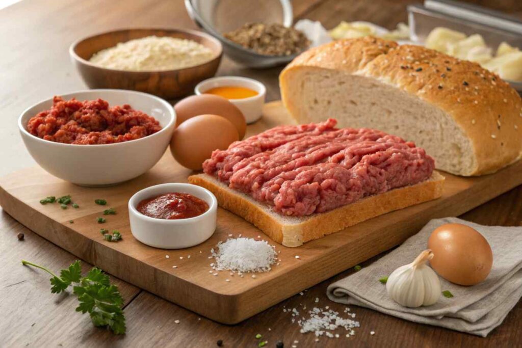 Ingredients for smoked meatloaf on a wooden counter.