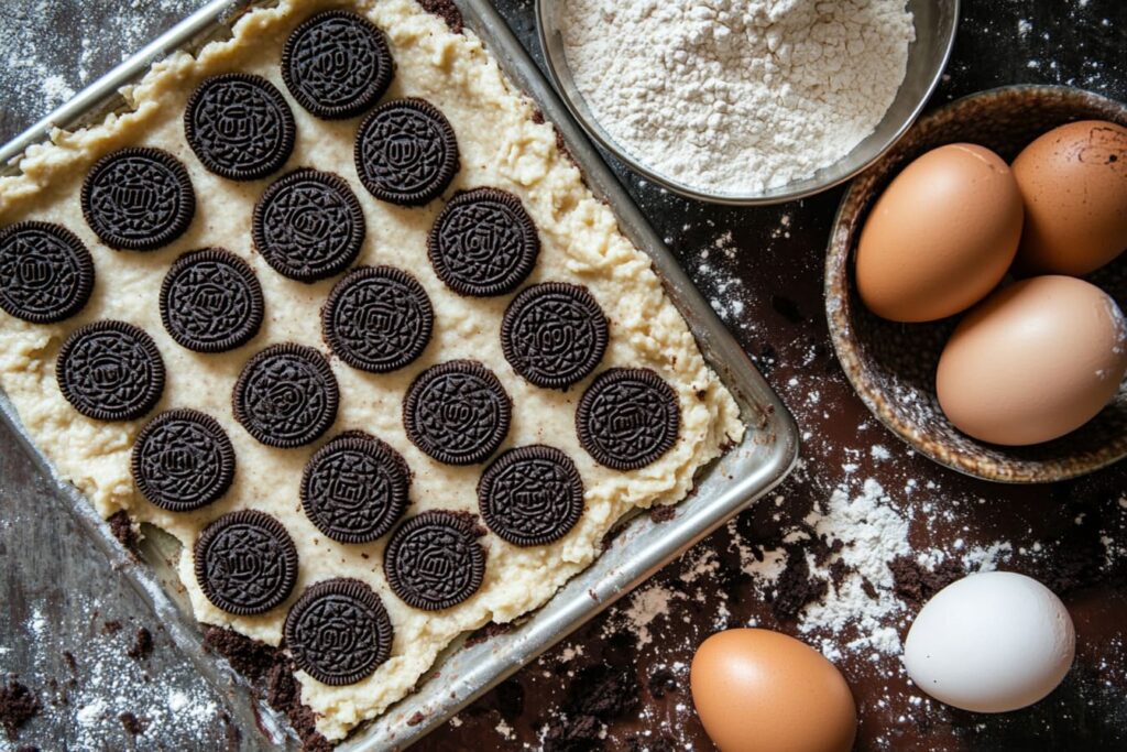 The layering process of cookie dough, Oreos, and brownie batter in a baking pan.