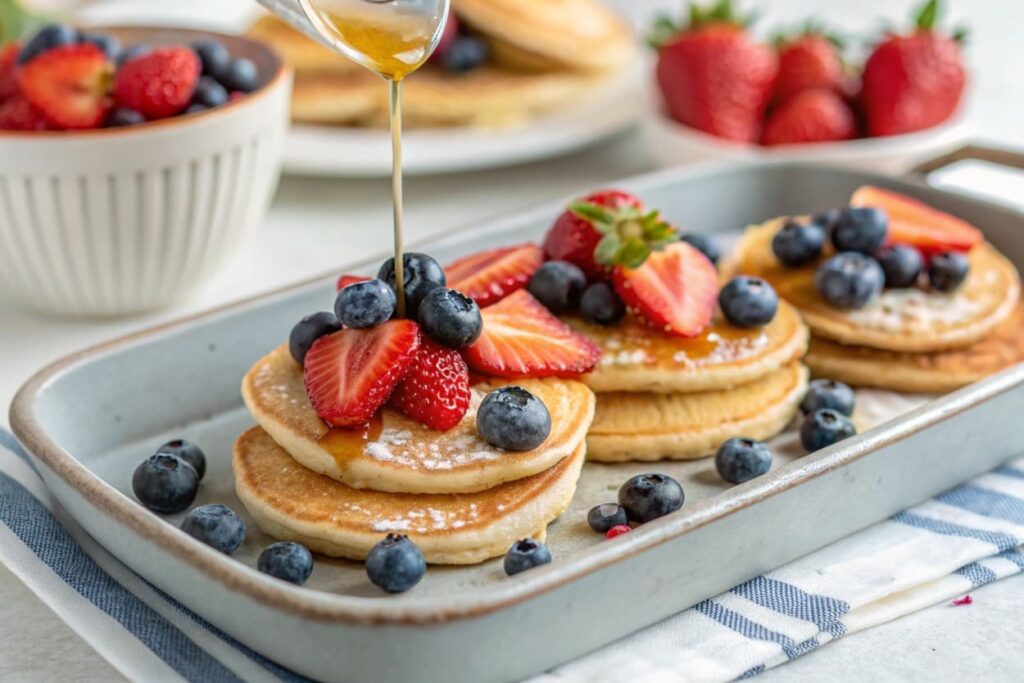 A tray of mini whole-grain pancakes topped with fresh berries and a drizzle of honey.