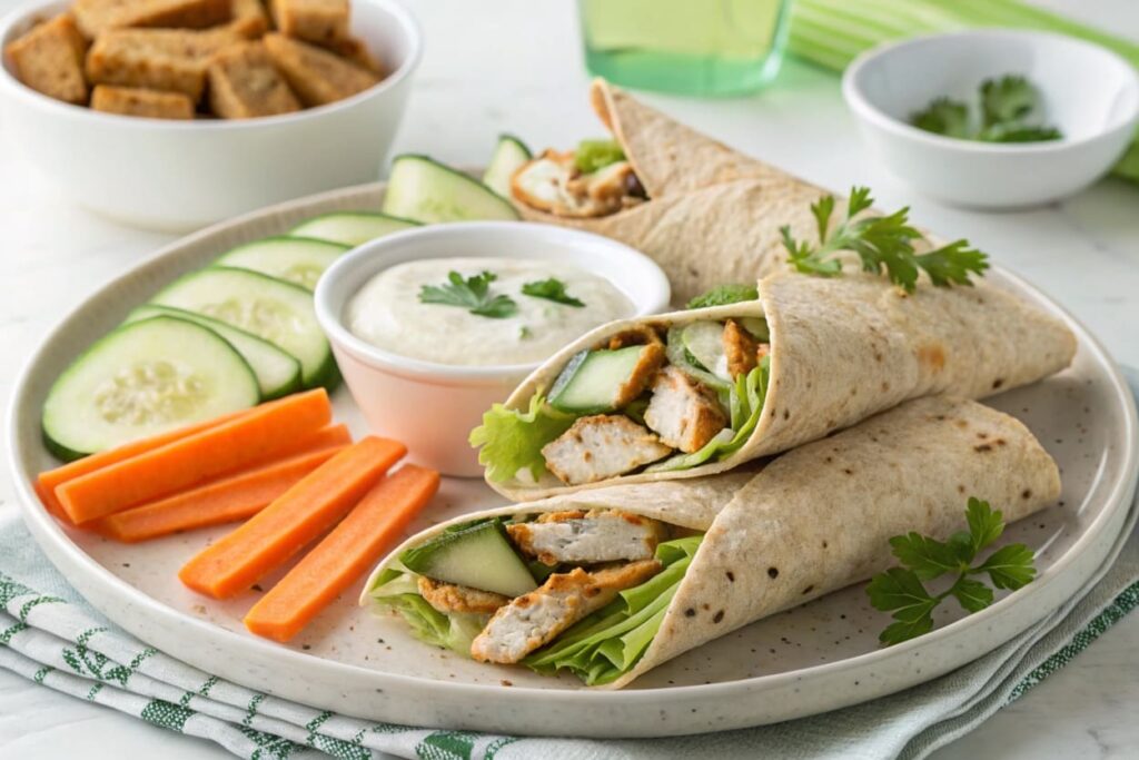 A plate of grilled chicken wraps with a side of carrot sticks and cucumber slices.