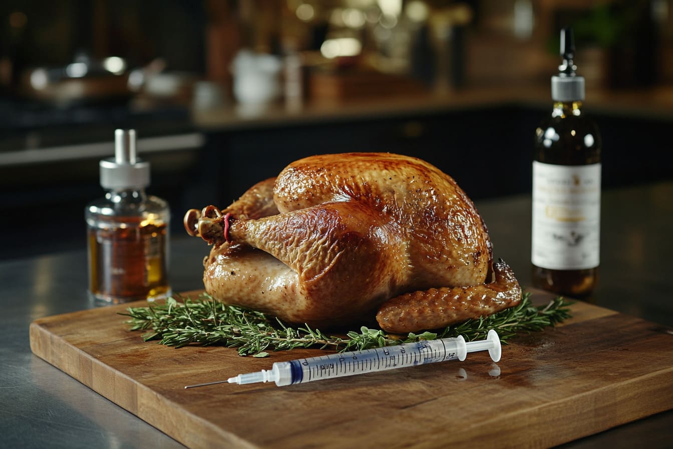 Golden-brown roasted turkey with injection syringe and fresh herbs.